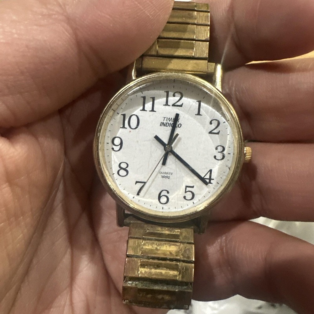 Works Timex Watch Men Stainless‎ Steel Gold WR Indiglo Not Working 35mm Fit 6in